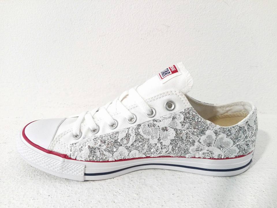 converse bianche basse pizzo rosso
