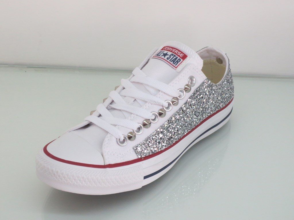 Converse All Star Basse Glitter Argento Personalizzate Bianco - immagine 6