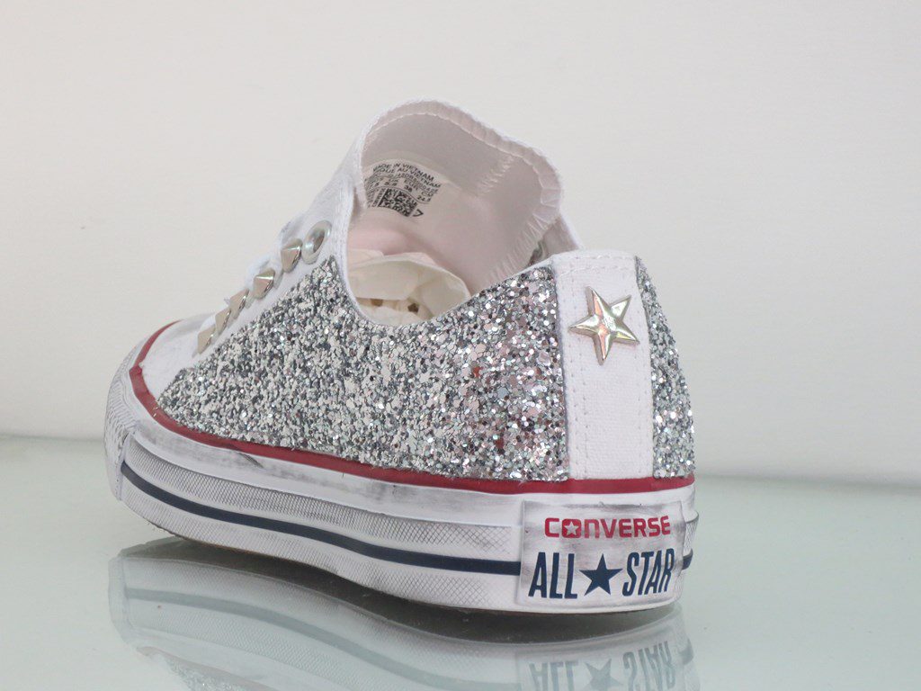 Converse All Star Basse Glitter Argento Personalizzate Bianco O. White - immagine 3