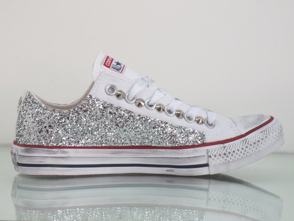 Converse All Star Basse Glitter Argento Personalizzate Bianco O. White - immagine 5