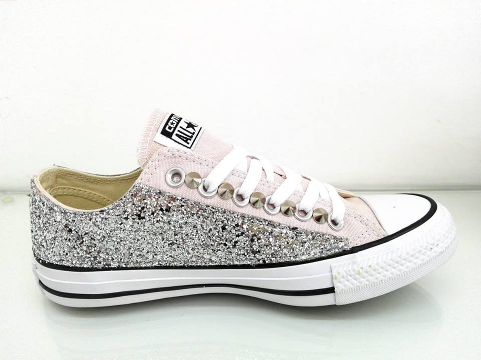 Converse All Star Basse Glitter Argento Personalizzate Barely Rose - immagine 3