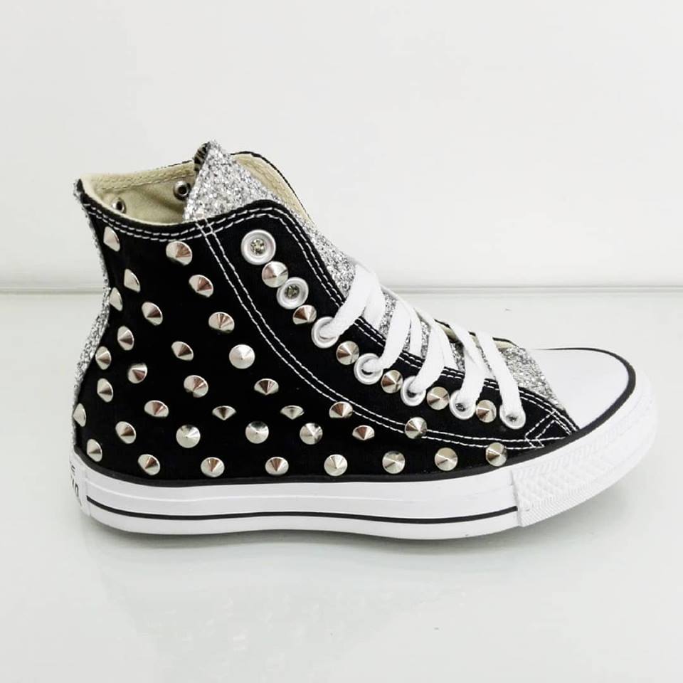 Converse All Star Glitter Argento Borchiate Personalizzate Nero - immagine 3