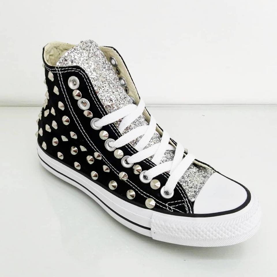 Converse All Star Glitter Argento Borchiate Personalizzate Nero