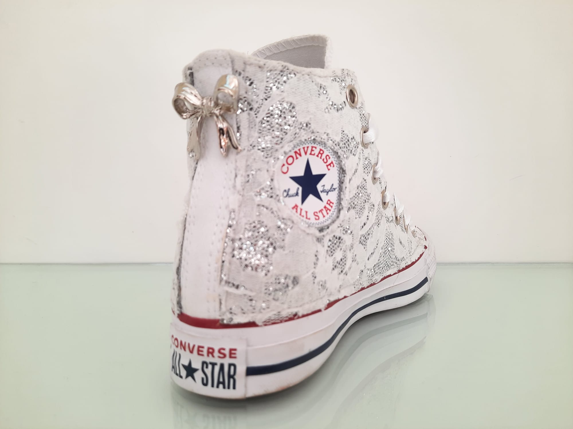 Converse All Star Pizzo Glitter Argento Personalizzate Bianche Lacci Raso - immagine 5
