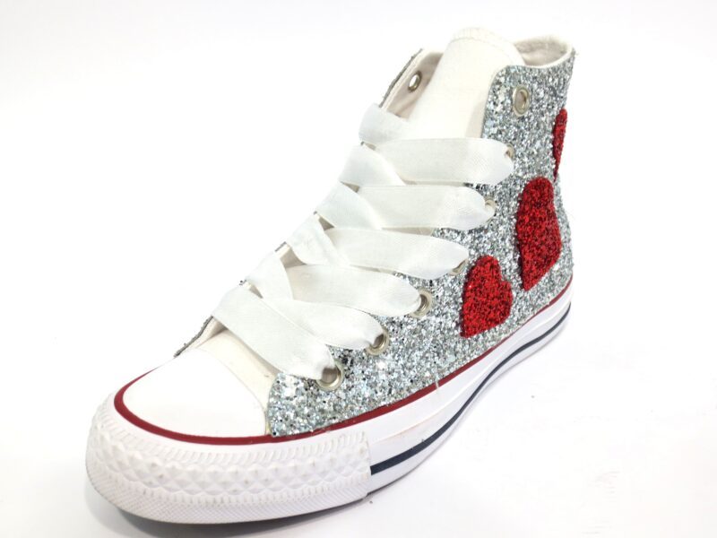 Converse All Star Glitter Argento Personalizzate Bianche Cuori Love - immagine 4