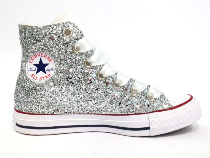 Converse All Star Glitter Argento Personalizzate Bianche Cuori Love - immagine 3