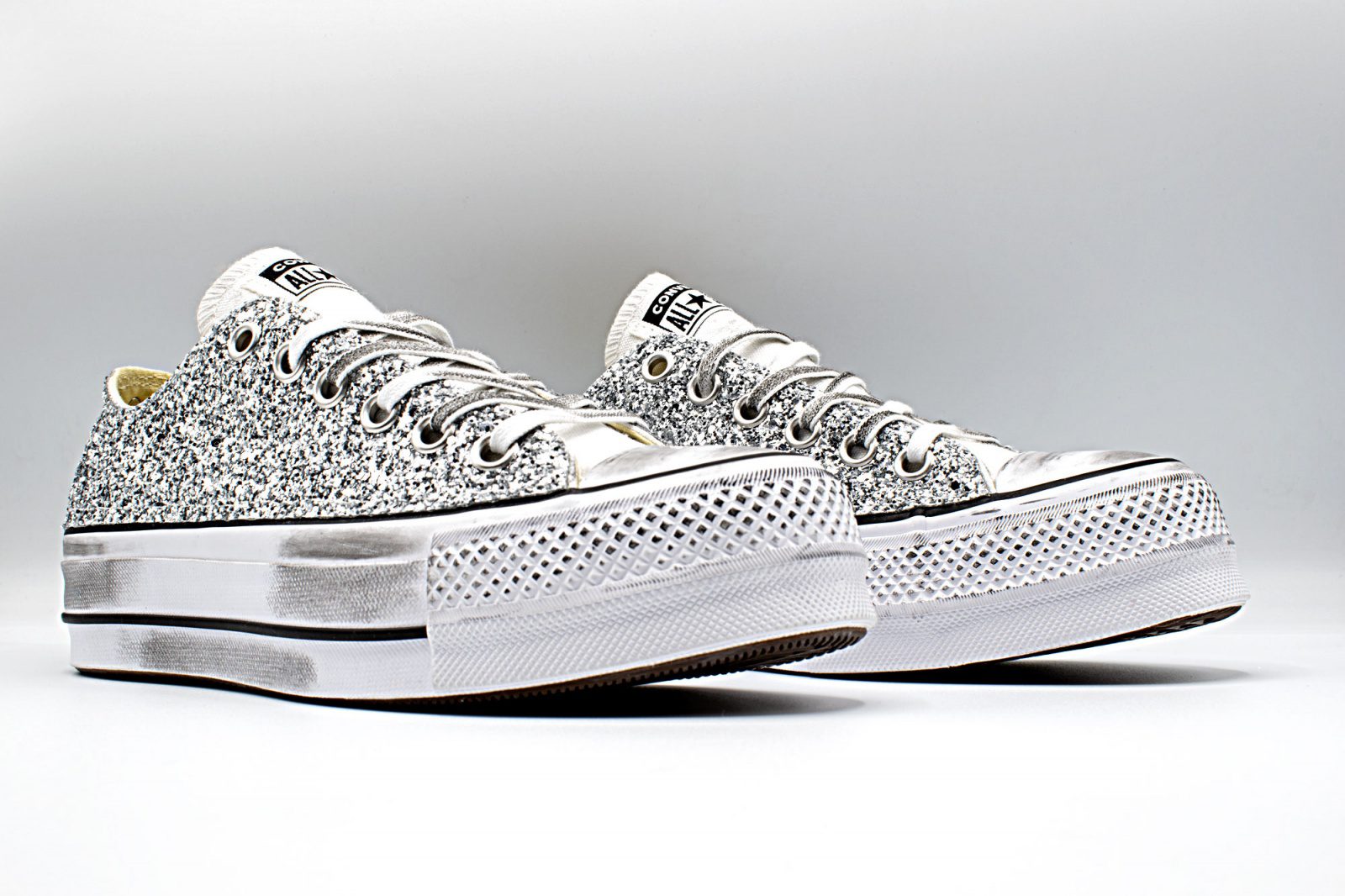 Converse All Star Platform Basse Glitter Argento Personalizzate Bianche - Image 3