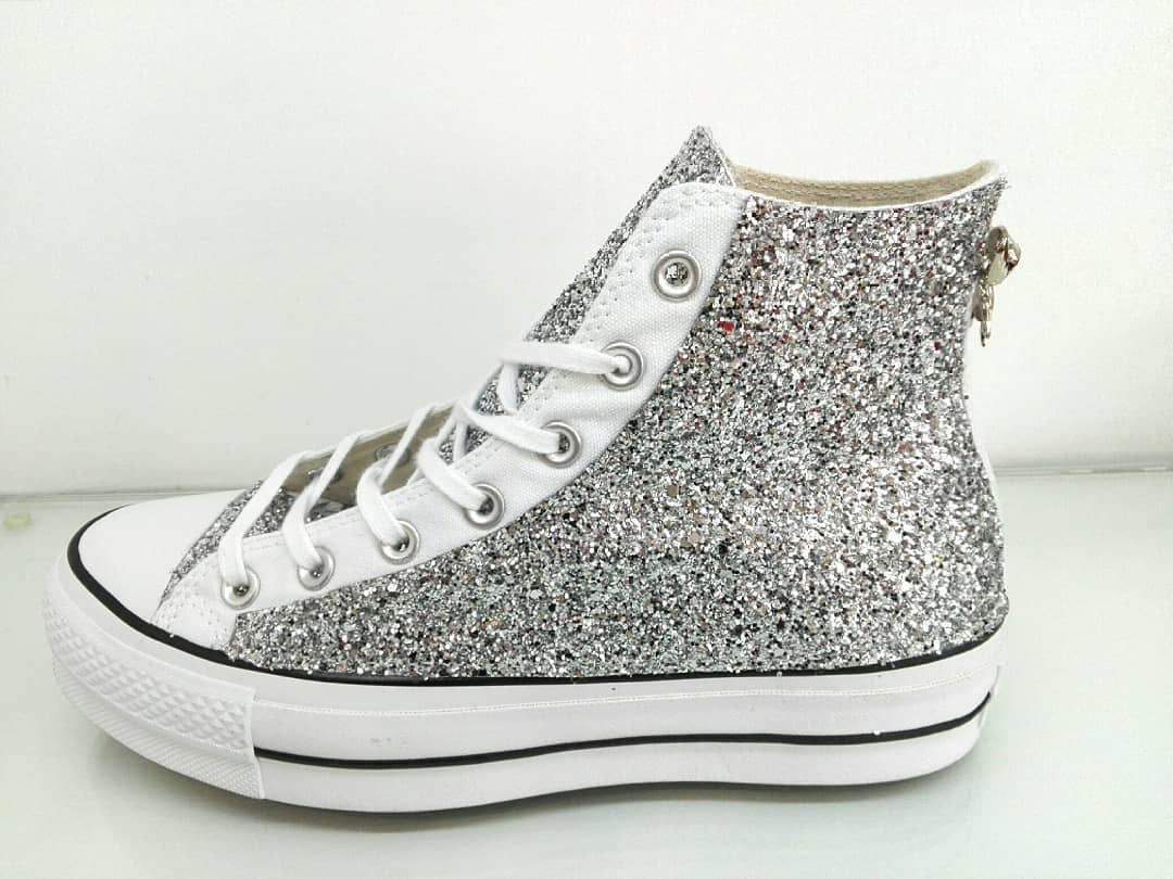 Converse All Star Glitter Argento Platform Alte Personalizzate Bianco - Image 3