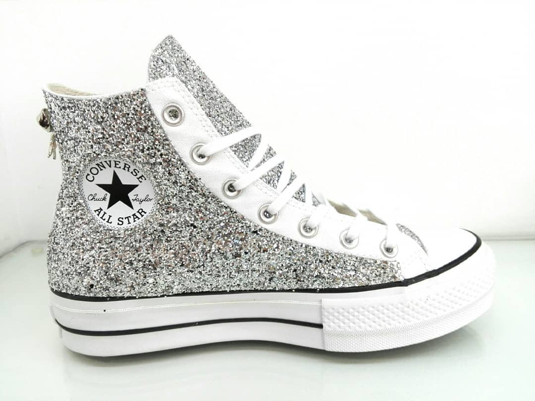 Converse All Star Glitter Argento Platform Alte Personalizzate Bianco - Image 2